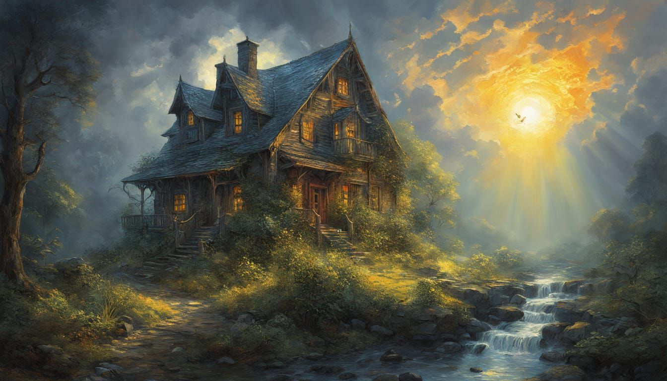 Idyllic Streamside House with Mossy Path, Oil Painting