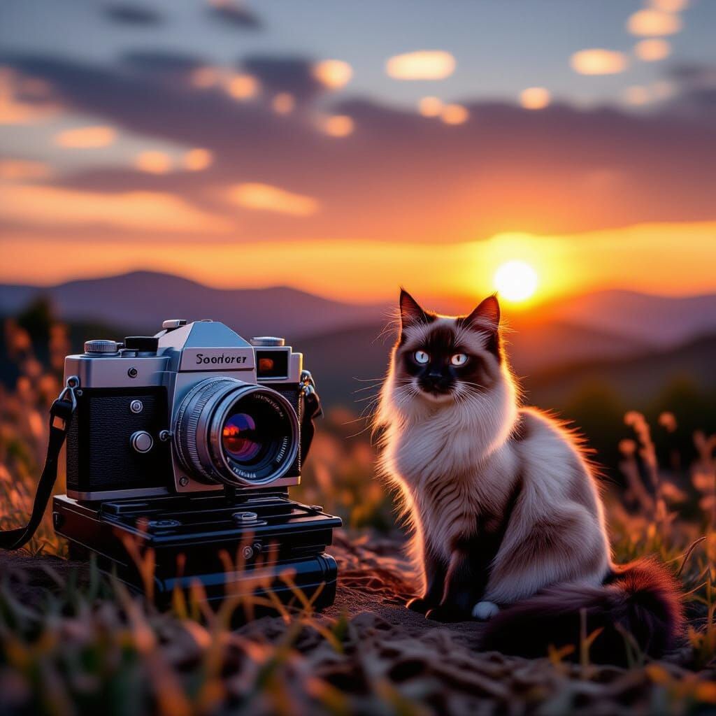 Siamese Cat Captures Sunset Landscape with Vintage Camera