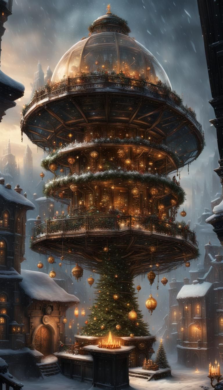 Steampunk City Christmas Tree Under Glass Dome