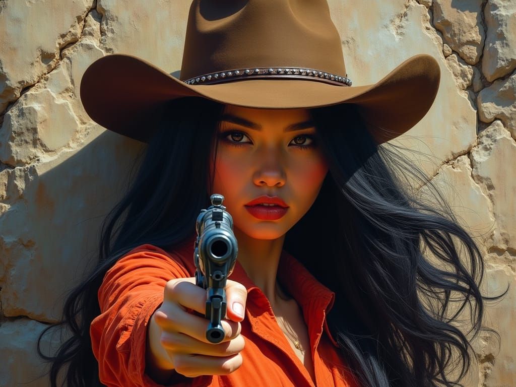 Japanese Cowgirl in Dramatic Pulp Art Style