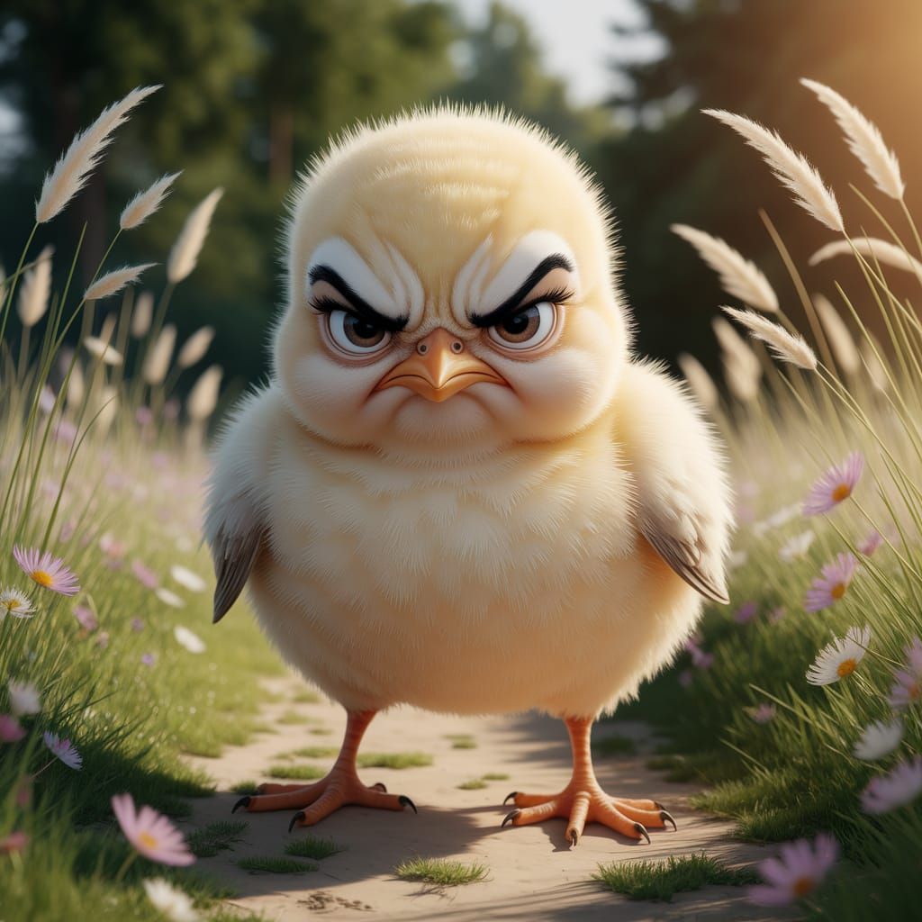 Grumpy Chick in Disney Style on Sunlit Meadow