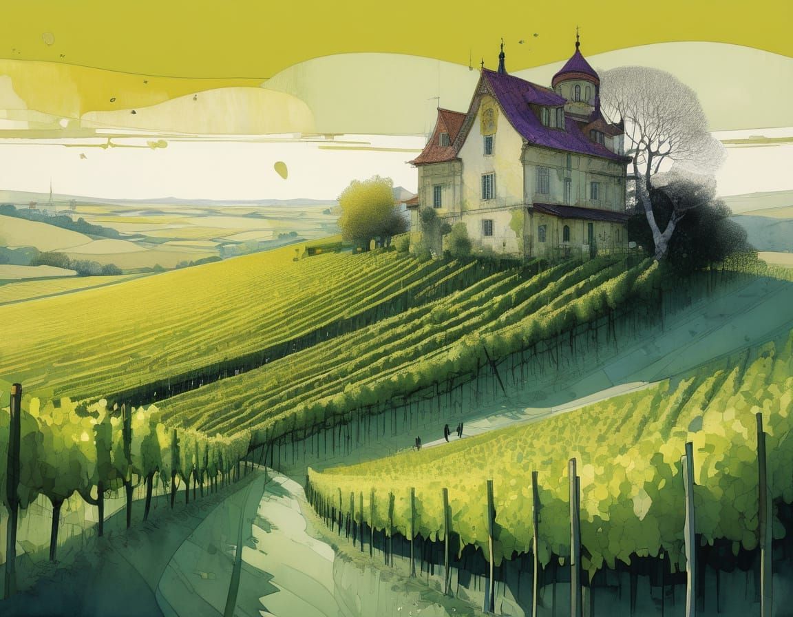 Vineyard Sunset: Ink and Watercolour Art Nouveau