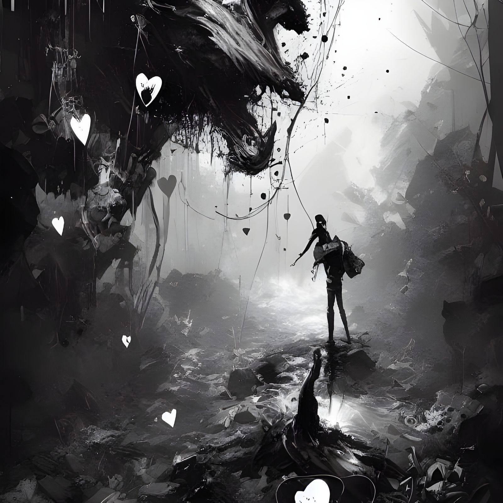 Exploding Black and White Hearts Digital Illustration