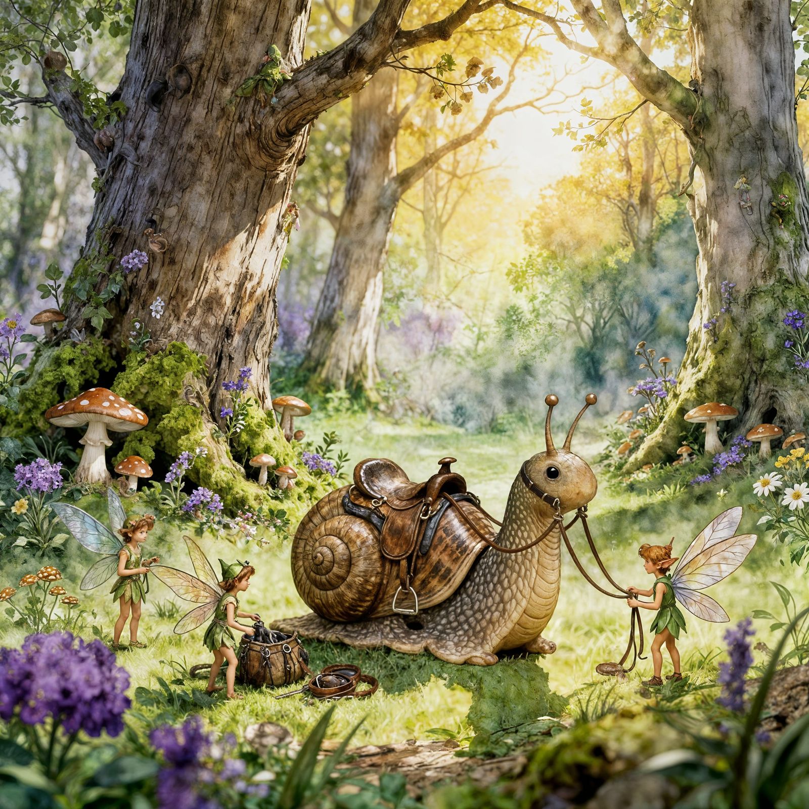 Fairy Elves Prepare Snail for Race in Mystical Forest