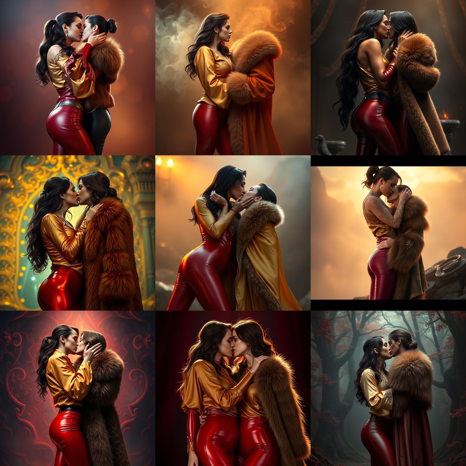 Women Kissing in Latex and Fur, Detailed Matte Painting