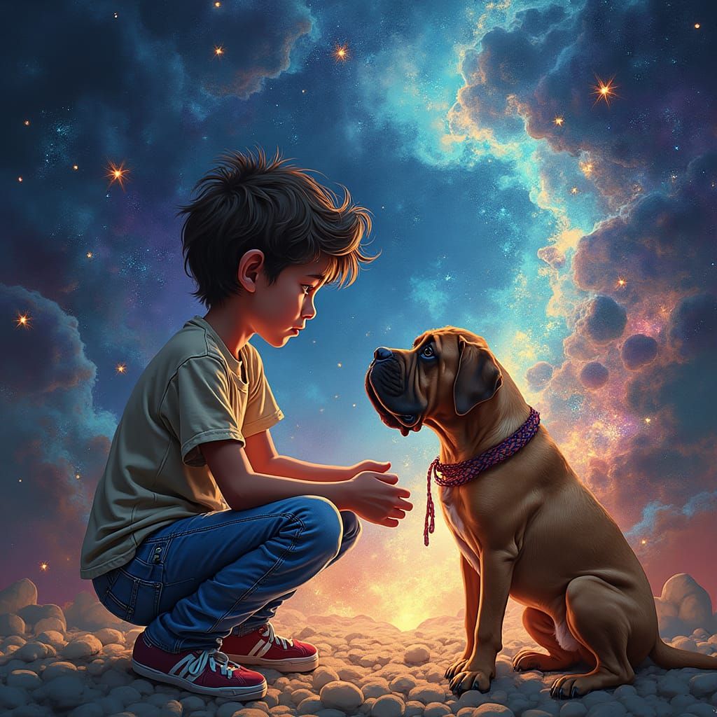 Boy and Dog in Dreamlike Holographic Illustration