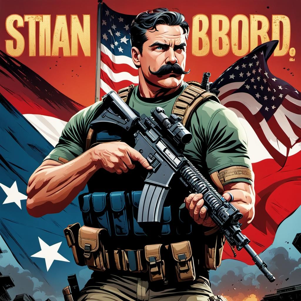 Veteran with Machine Gun in Comic Book Style