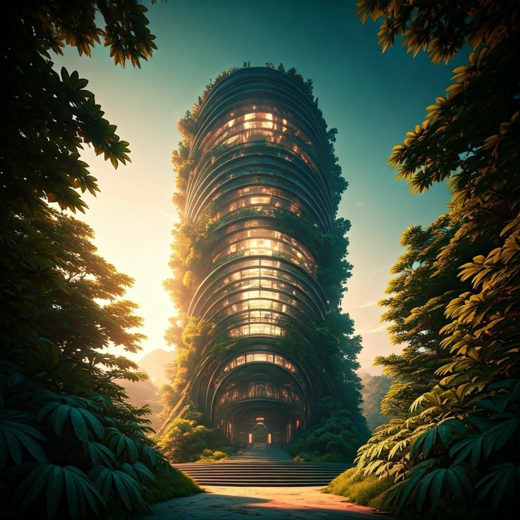 Solarpunk Tower in Vibrant Iridescent Hues