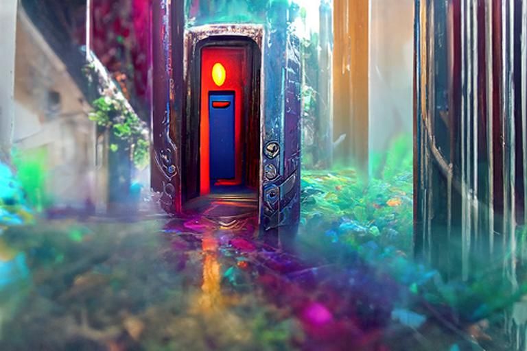 Colorful glowing Open doors are portals to many worlds, Sharp contrast, high black point, Deep depth of field, sharp foc...