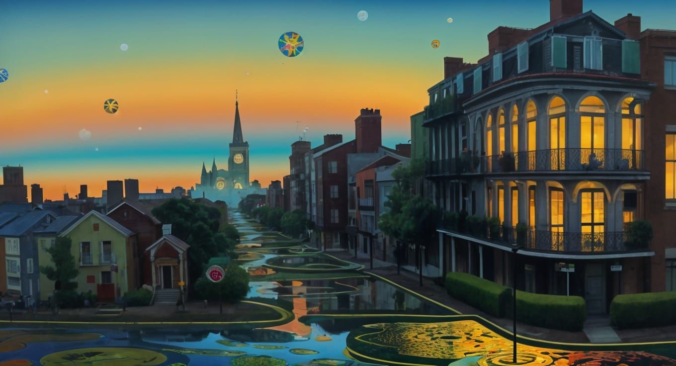 Psychedelic New Orleans Street Scene in a Vibrant Meadow