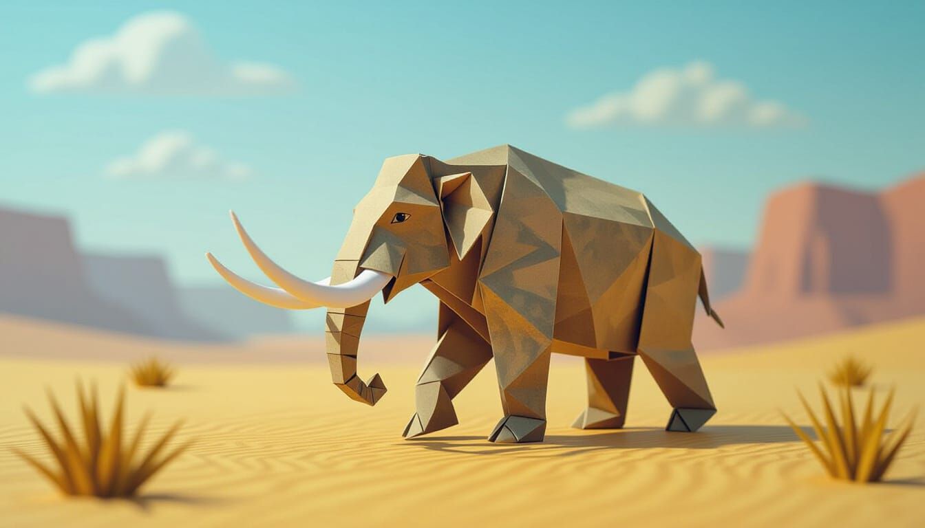 An Origami Mastodon walking on the Origami plains of Ice Age America in 55,000 B.C..