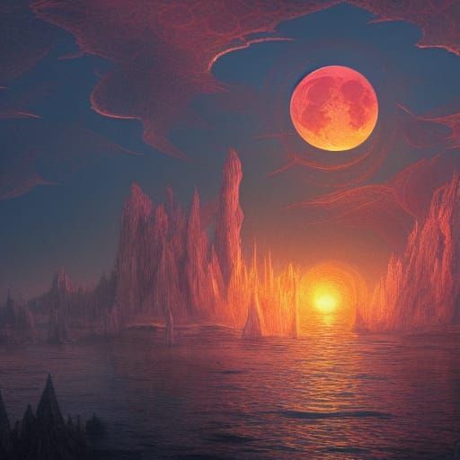 Surreal Lake Sunset in Art Nouveau Style