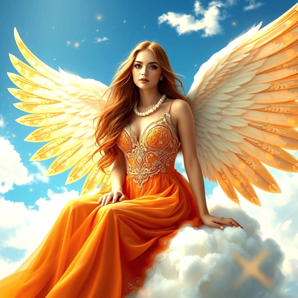 Angel in Orange Mini Dress with Pearl-Encrusted Wings