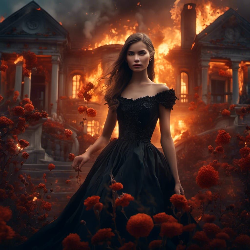 Woman in Black Dress Before Burning Mansion