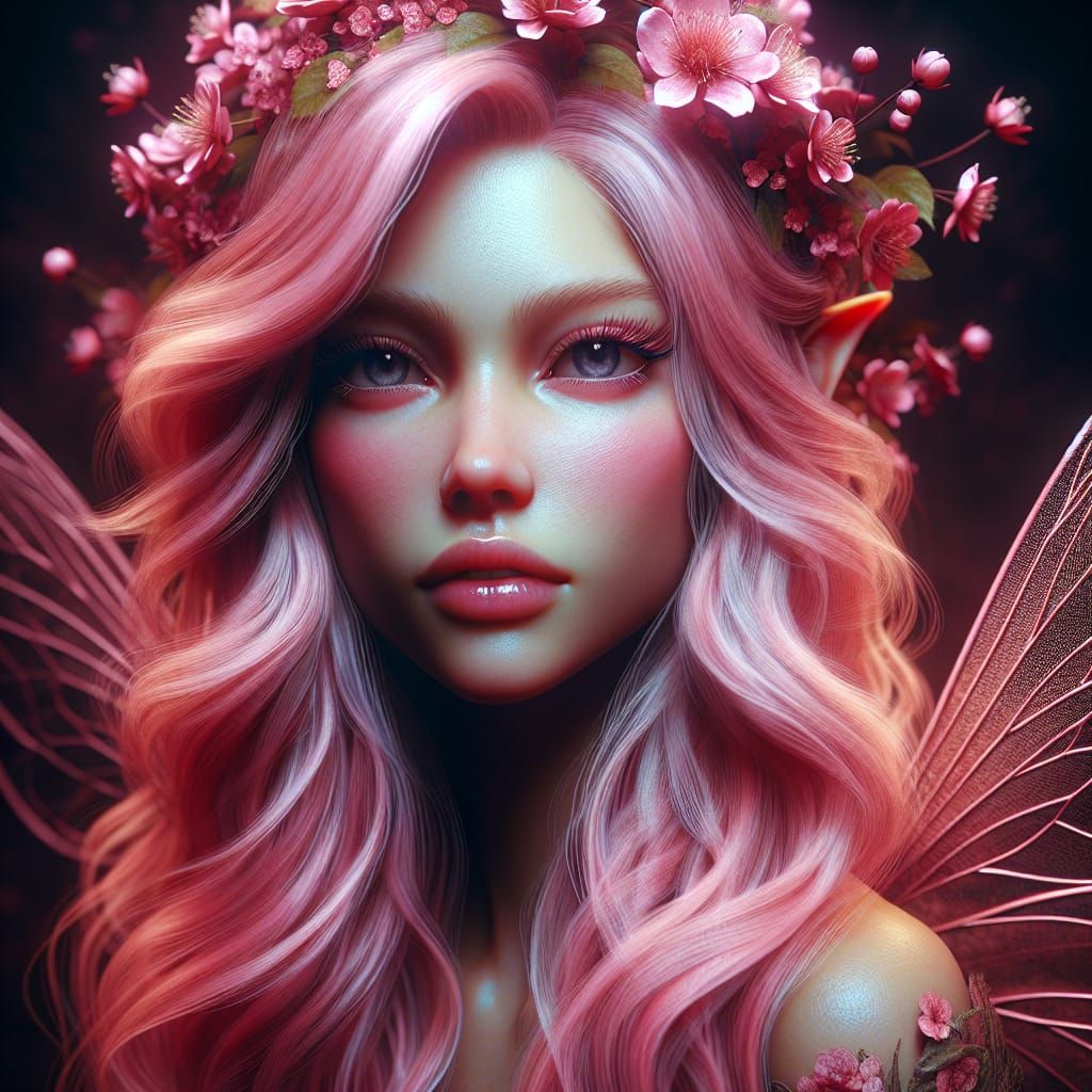 Pink Cherry Blossom Fairy Portrait in Hyperrealism