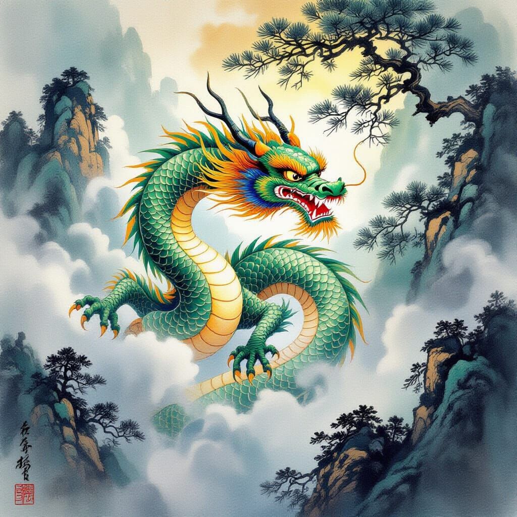 Majestic Chinese Dragon in Dynamic Ink Wash Painting