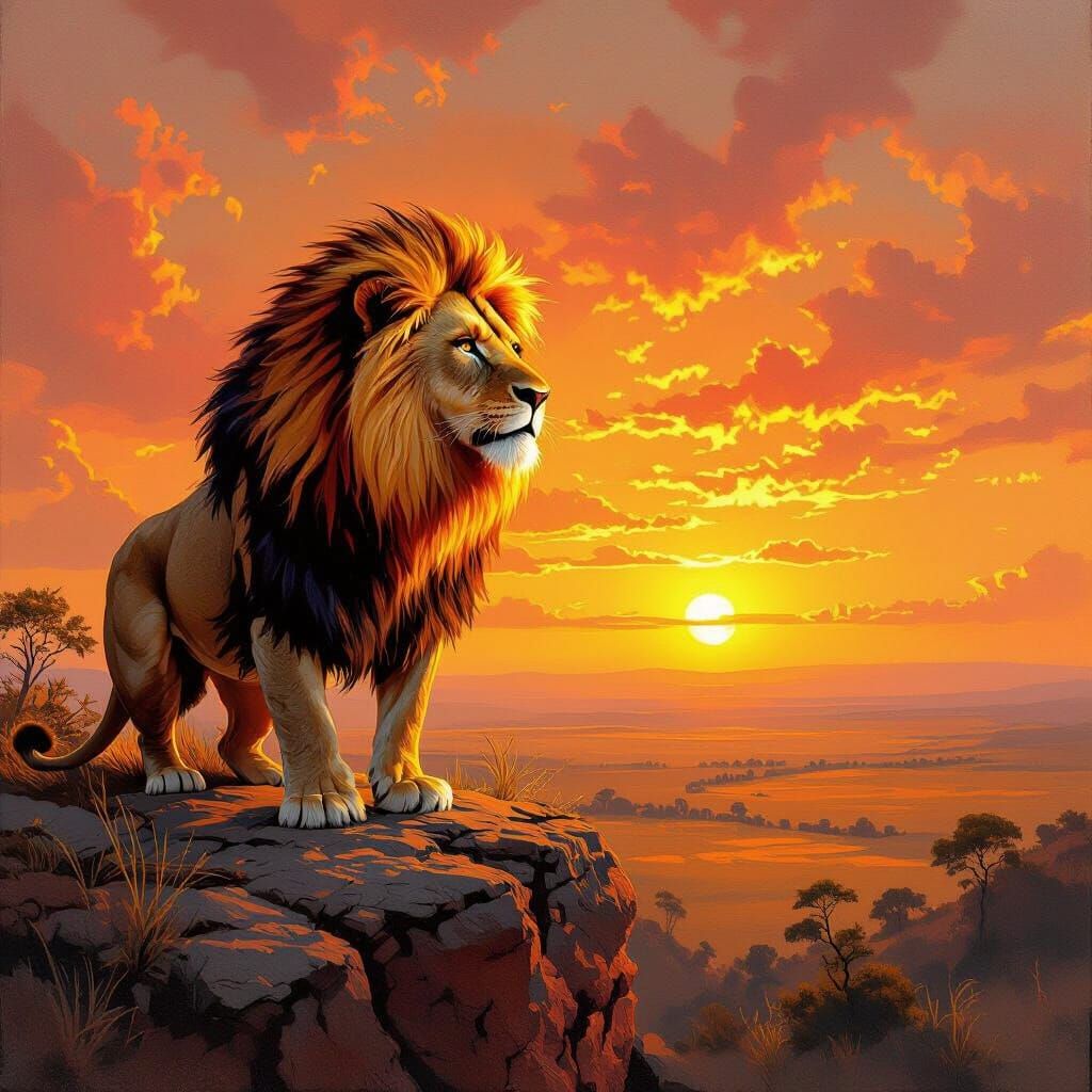 Lion with Flaming Mane Overlooking Savannah, Oil Painting
