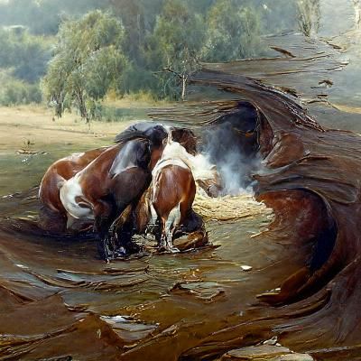 Disturbing Cannibal Horses in Forest Oil Painting