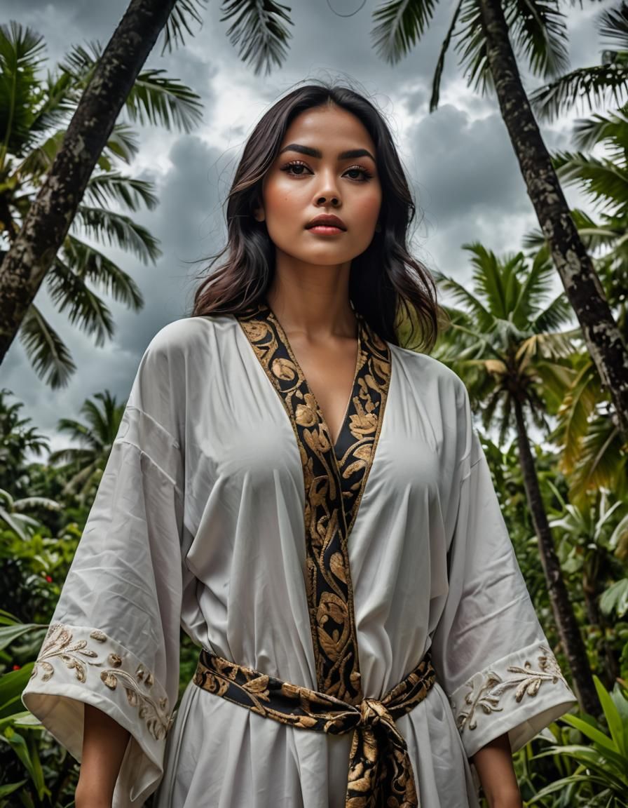 Indonesian Woman in Tropical Setting Under Cloudy Sky