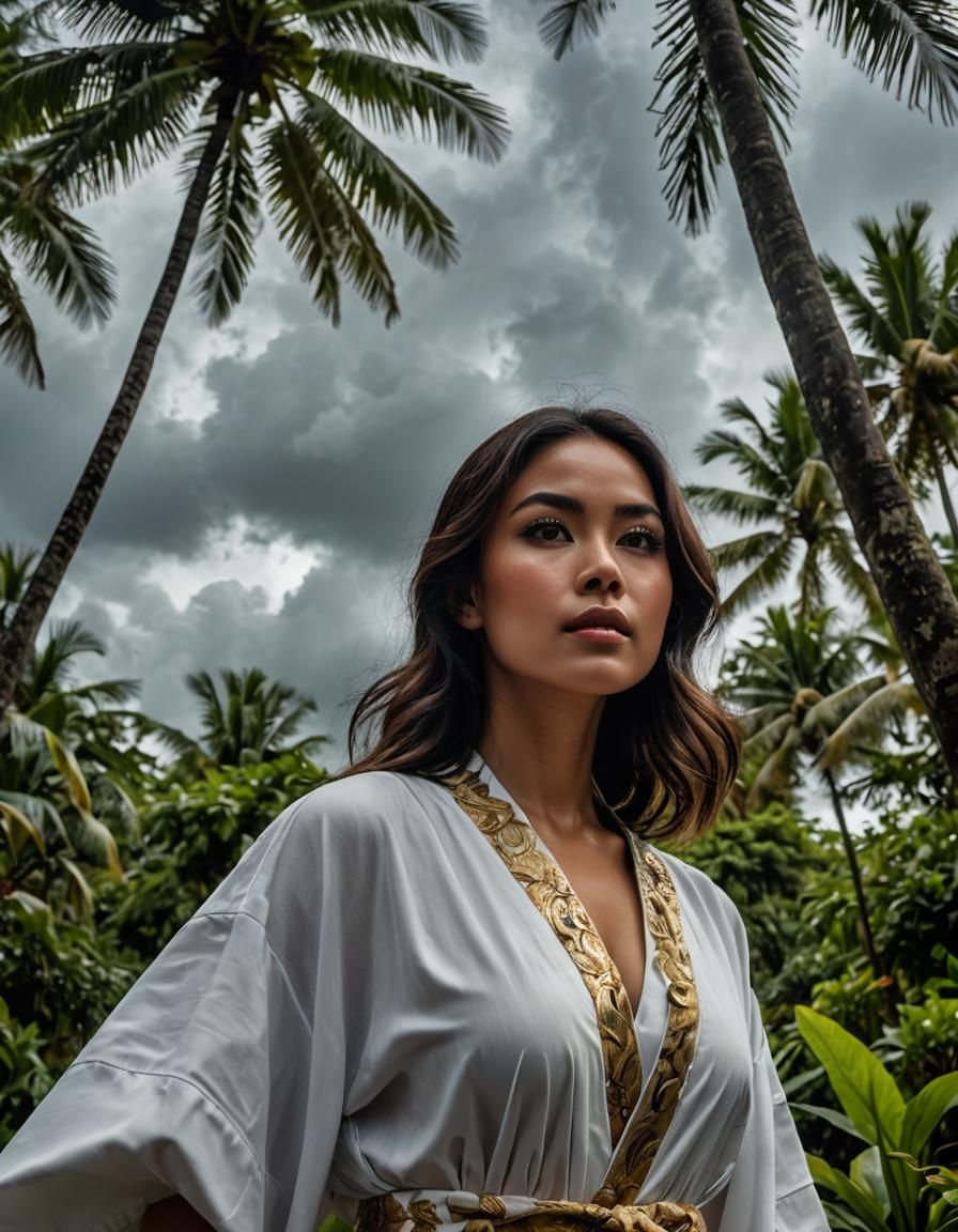 Indonesian Woman in White Robe Under Cloudy Sky