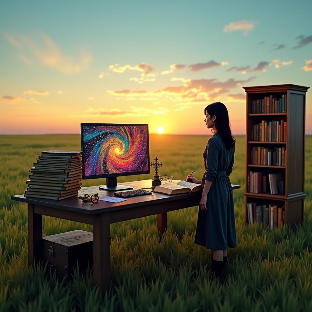 Sunset Silhouette: Woman with Computer in Field