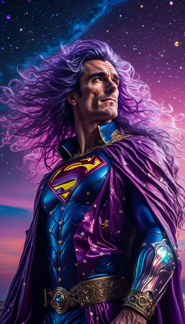 Cinematic Superman with Electric Hair in Cosmic Sky