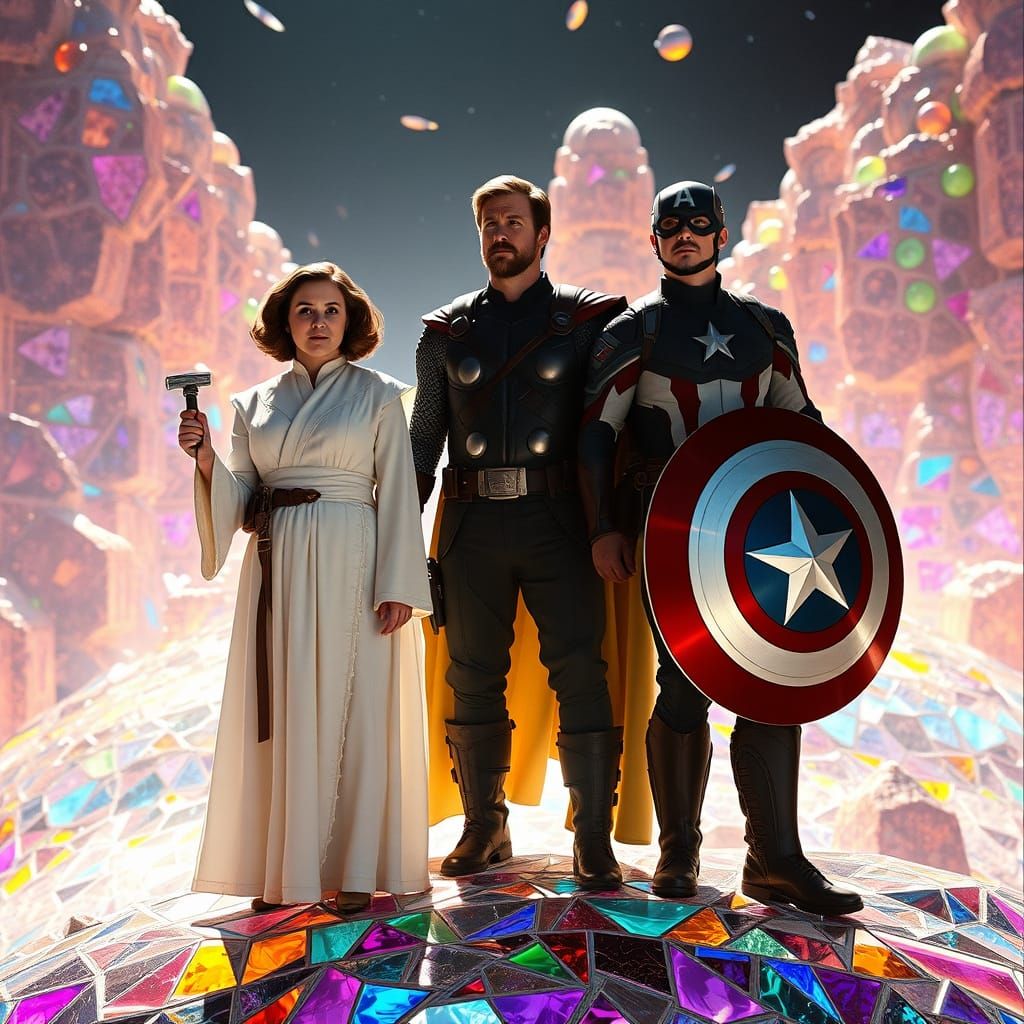 Princess Leia, Thor, and Captain America on Glass Planet