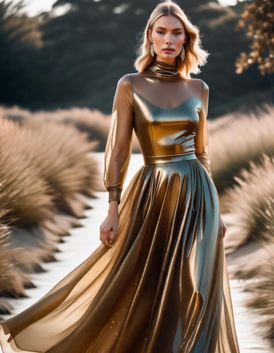 Blonde Woman in Flowing Gold Dress by Pool