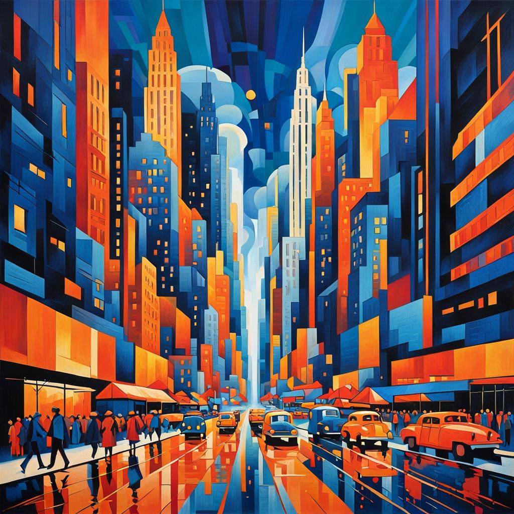 Dynamic Cityscape in Cubist Art Deco Style