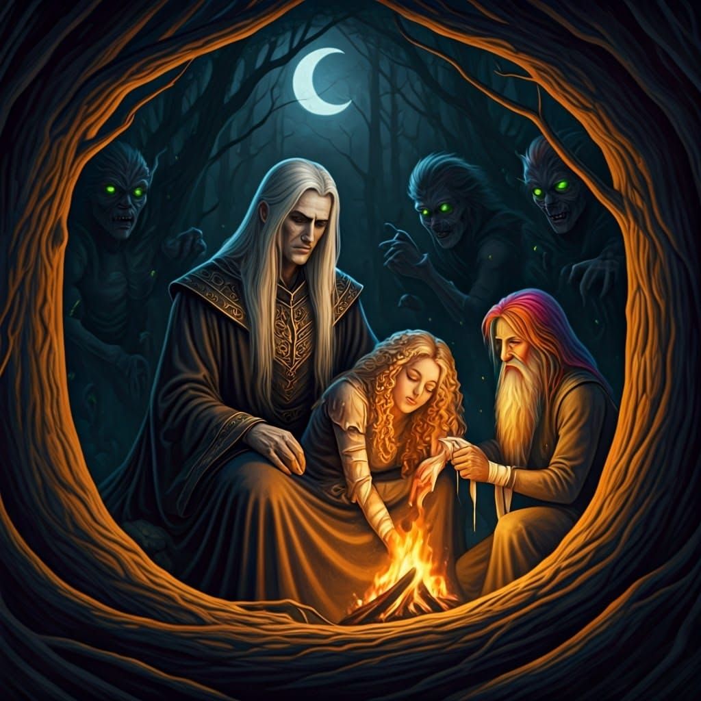 Dark Wizard Sits by Moonlit Fire in Mystic Grove