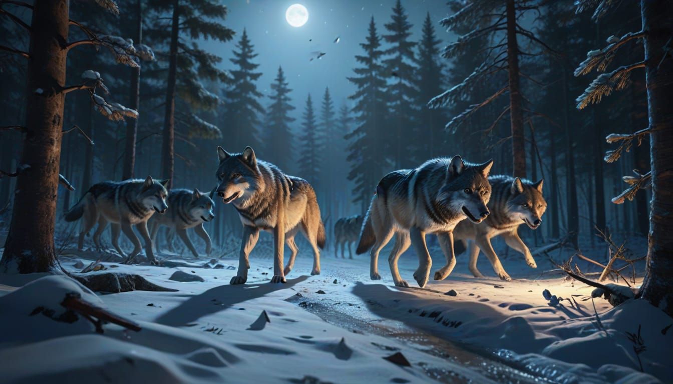 Wolf Pack in Siberian Taiga: Digital Wildlife Art