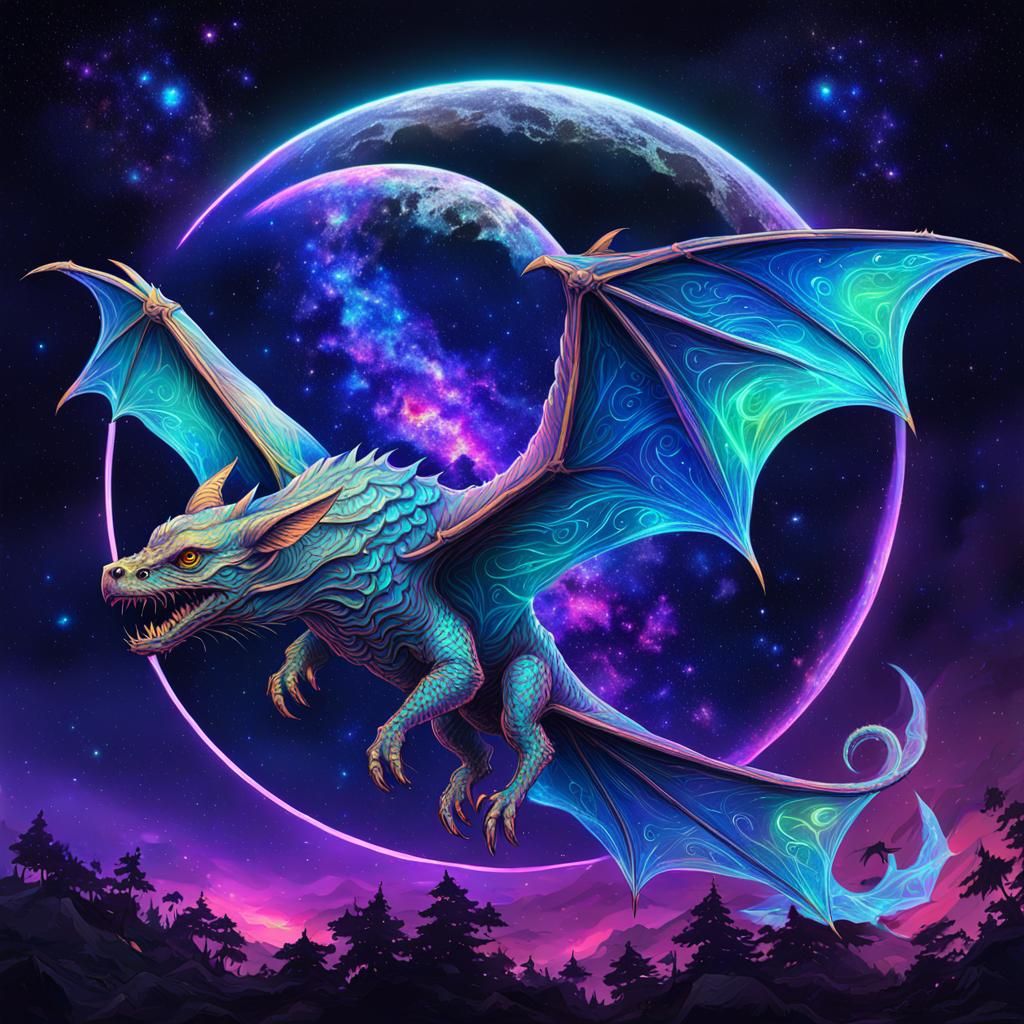Astral Bat Wyvern: Holographic Cosmic Illustration