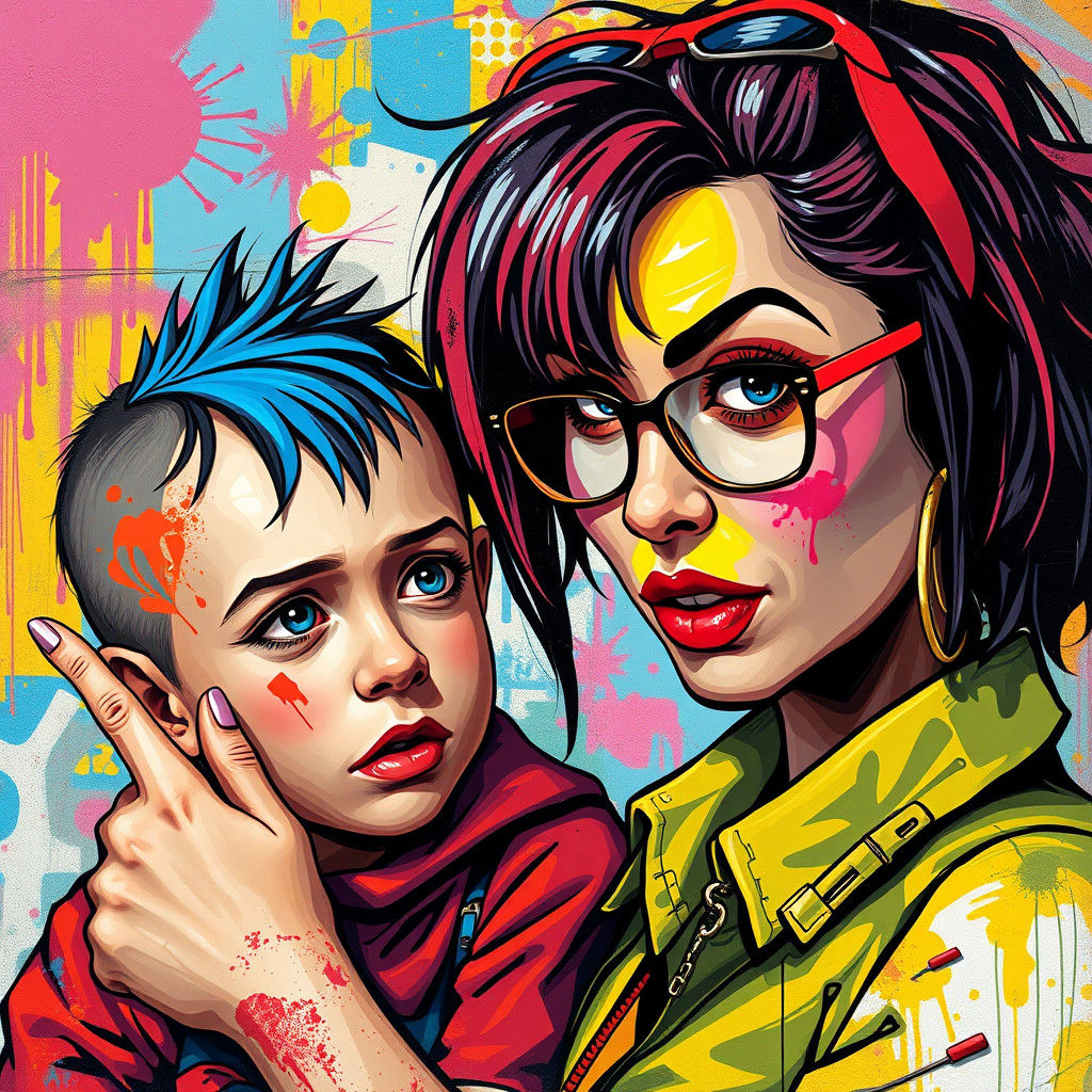 Punk Teacher and Student in Cubist Graffiti Style