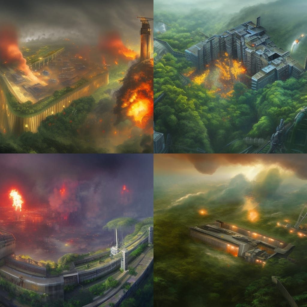Jungle Prison Explosions: Detailed Matte Painting