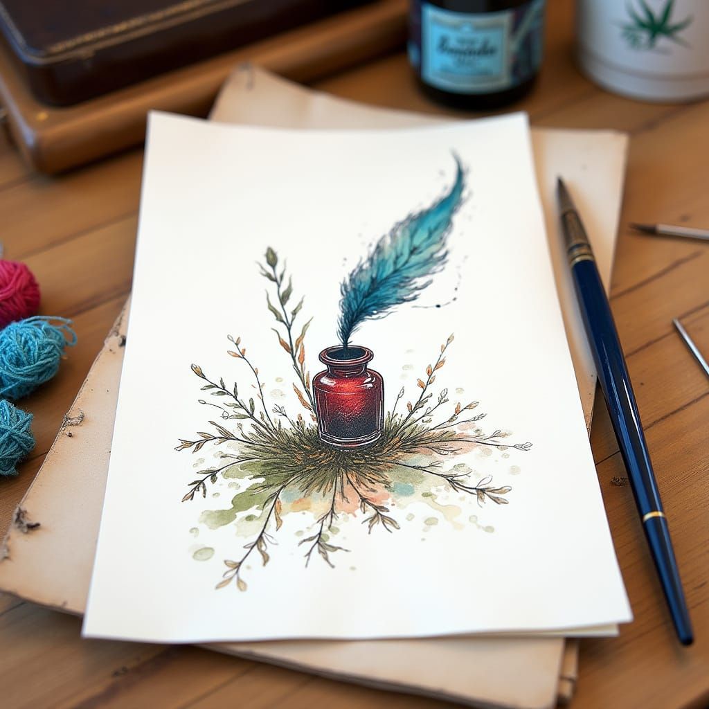 Ink, Quill and Needle on Desk: Watercolor Art