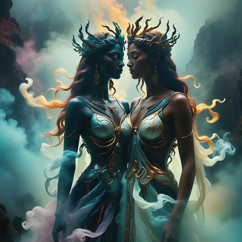 God and Goddess in Swirling Mist, Oil Painting Style