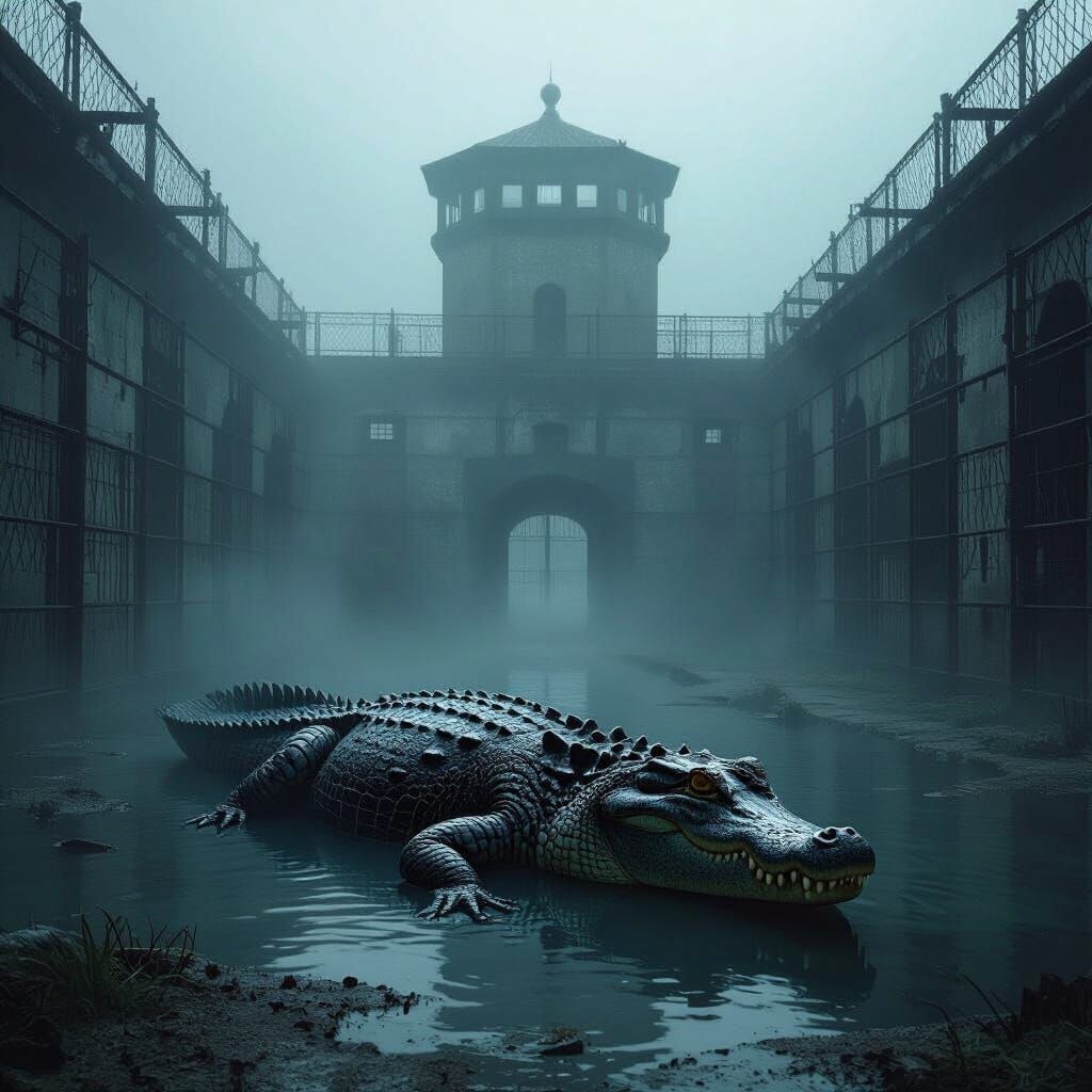 Alligator in Alcatraz Prison Yard: Ominous Surrealism