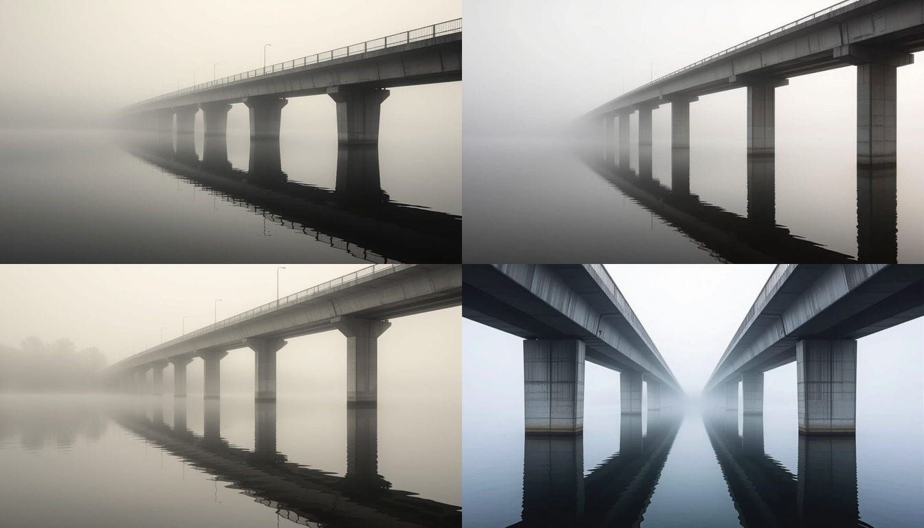 Minimalist Foggy Bridge in Grayscale with Warm Glow