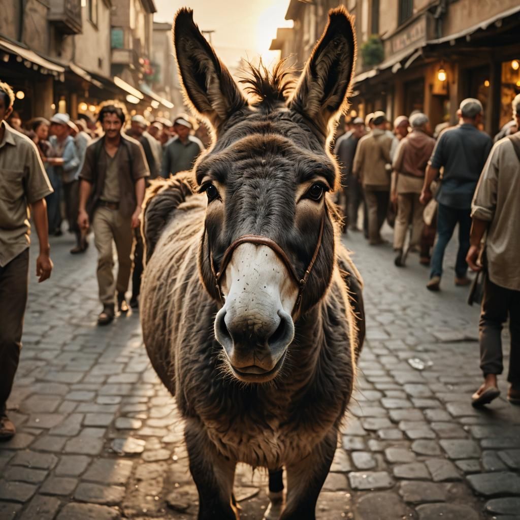 Donkey Braying in Marketplace: Cinematic Film Still