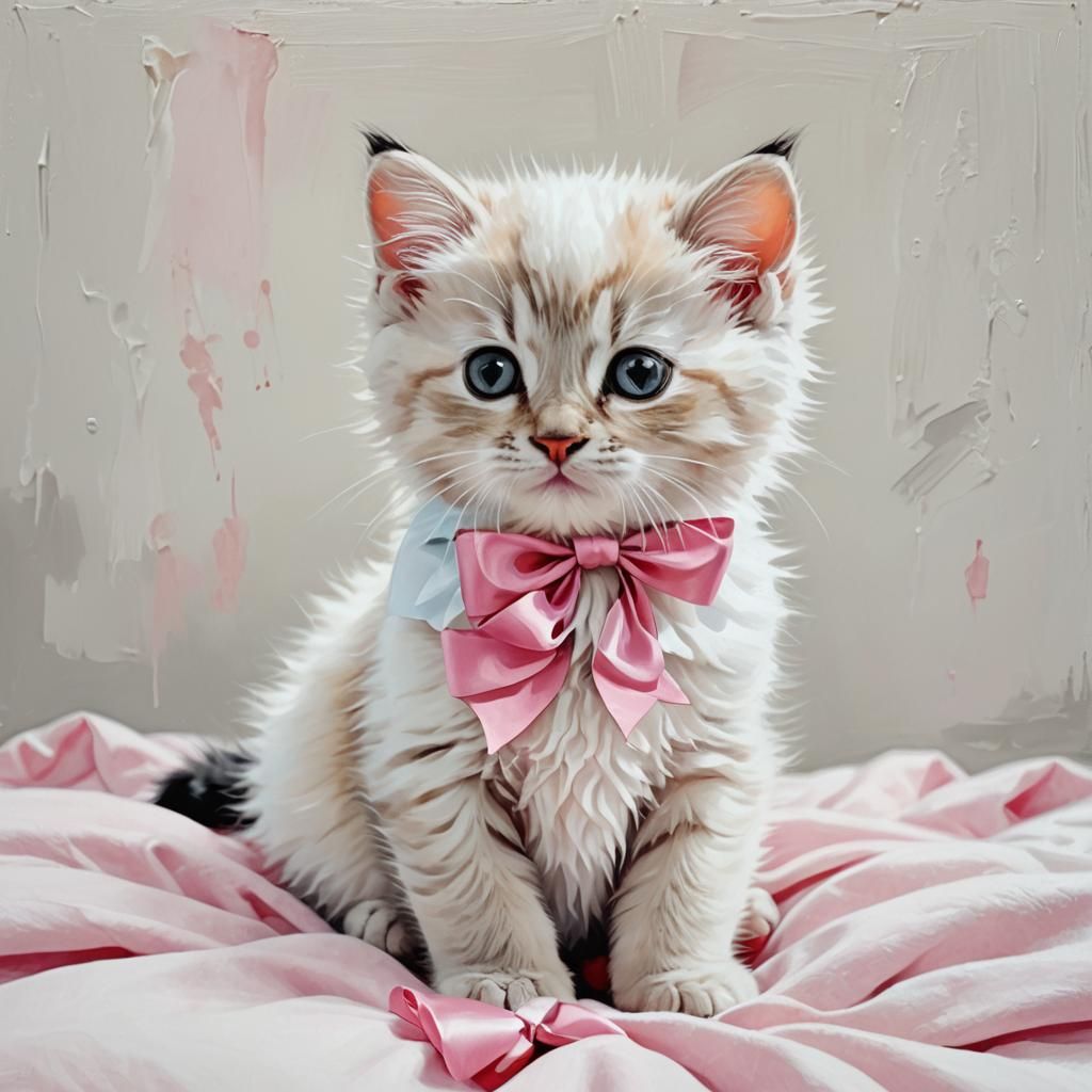 Cute Kitten with Pink Bow in Abstract Art