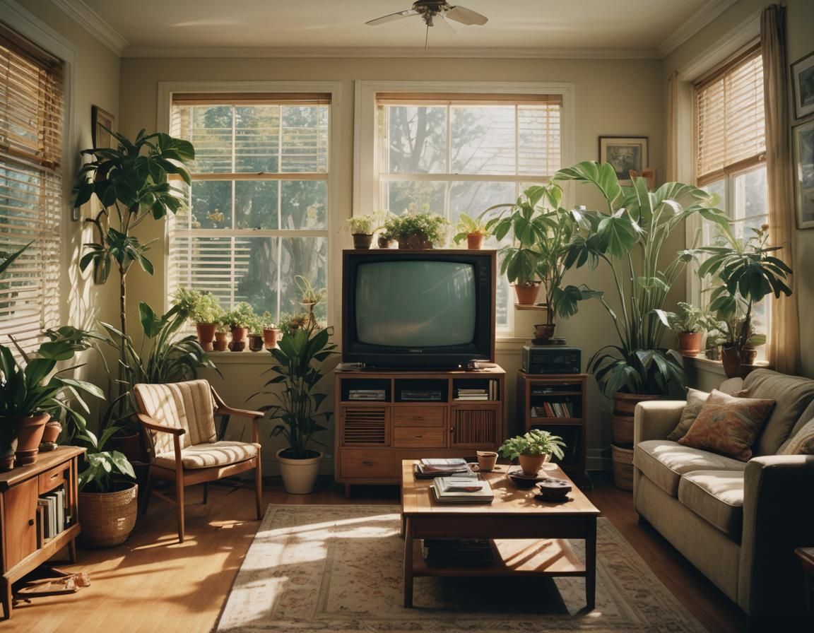 1980s Living Room with Sunlight and Vintage TV