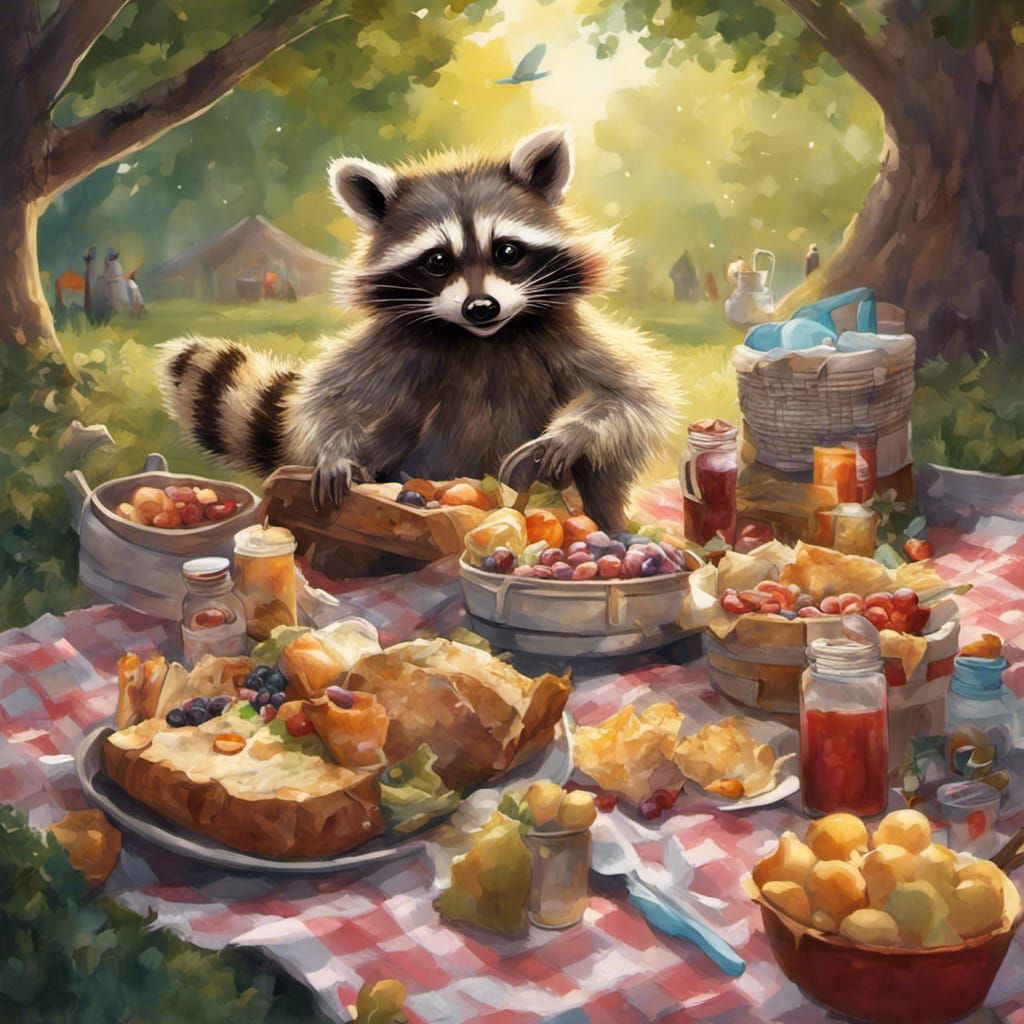 Mischievous Raccoon Raids Picnic: Hyperrealistic Splash Art