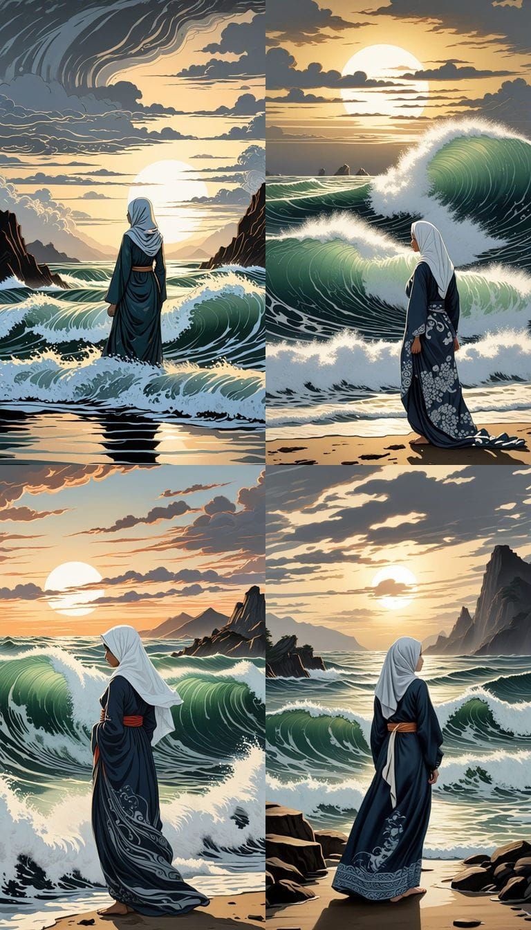 Ethereal Beach Goddess, Chrome Wave and Art Nouveau Silhouet...