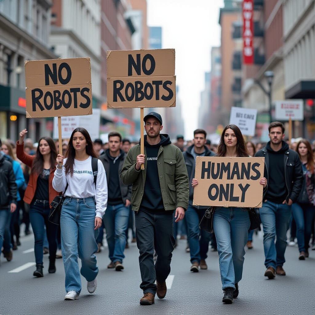 Anti-Robot March in Gritty Realistic Style