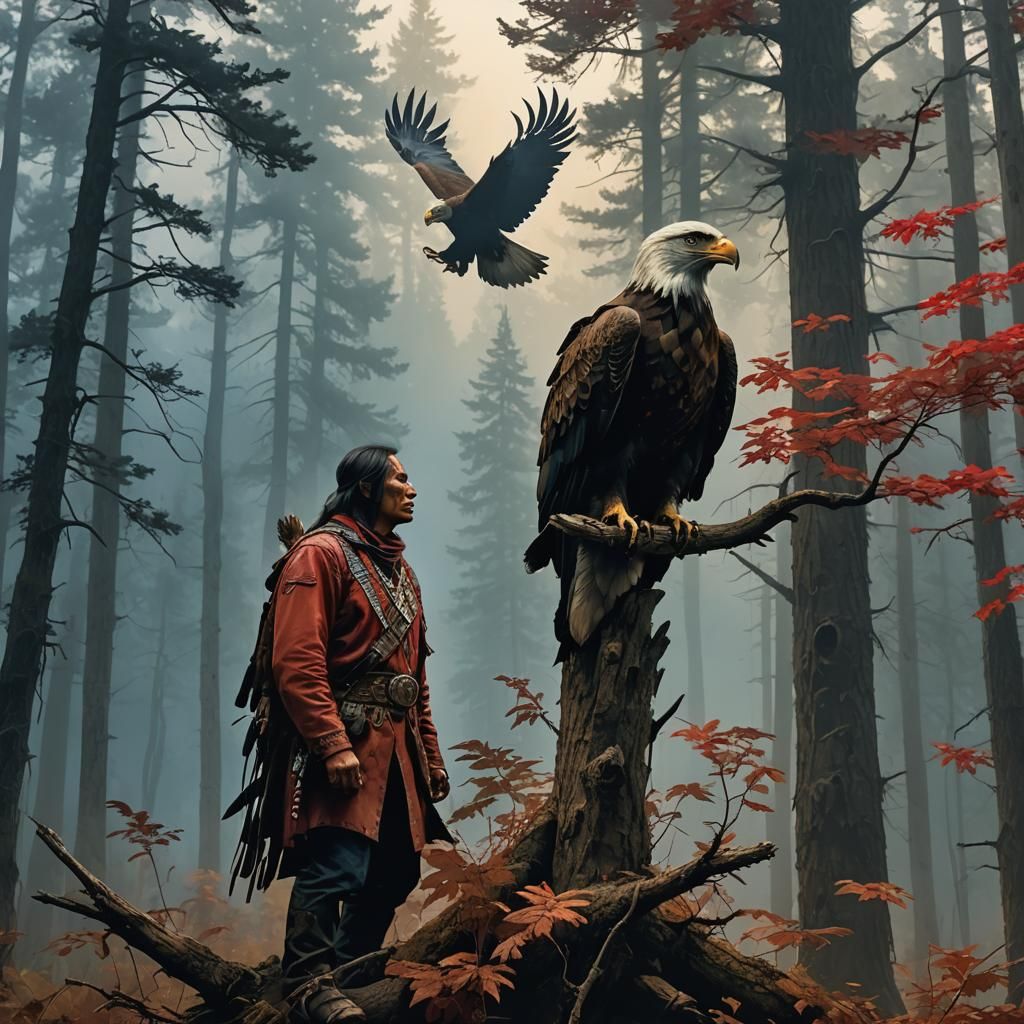 Native American Tracker and Eagle in Misty Forest
