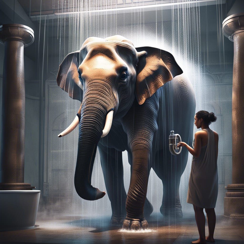 Person Showering with Elephant: Detailed Concept Art