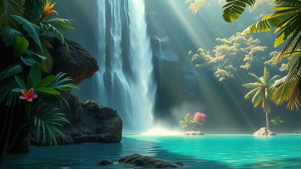 Majestic Waterfall in Tropical Lagoon: Hyperrealistic Digita...