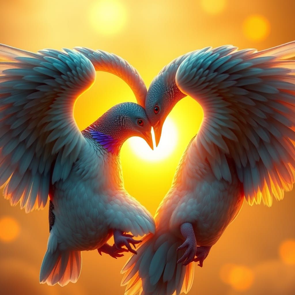 Majestic Turtle Doves Form a Whimsical Heart in Golden Light