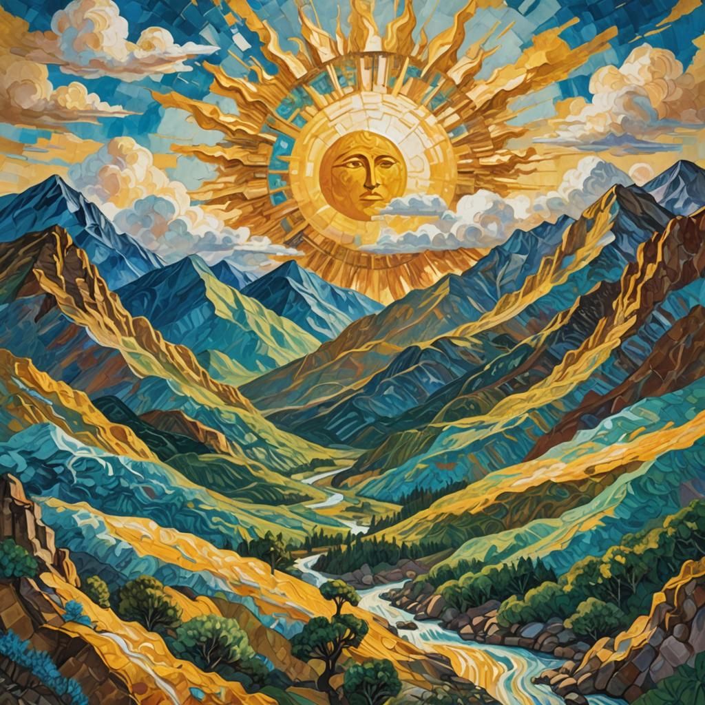 Colossal Sun God in Impasto Gouache Landscape