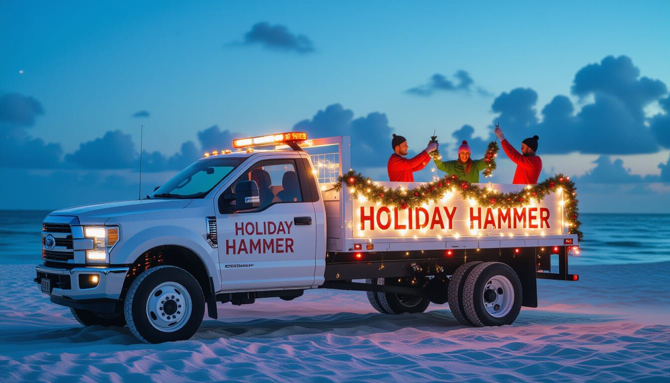 Holiday Hammer Truck on Beach with Crew